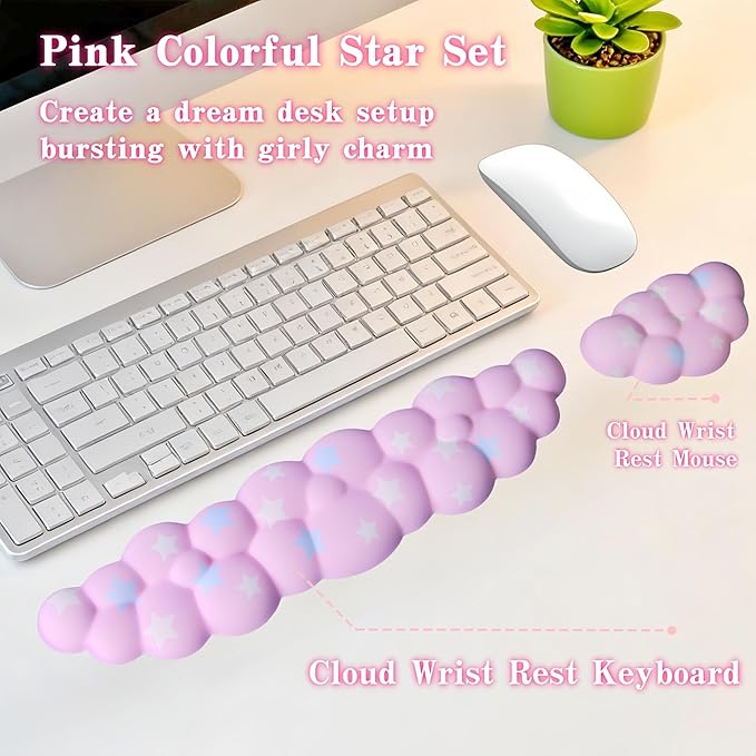 Cloud Wrist Rest Set for Keyboard and Mouse, Includes Cute Coaster, with Computers and Laptops (Pink Colorful Star Set)