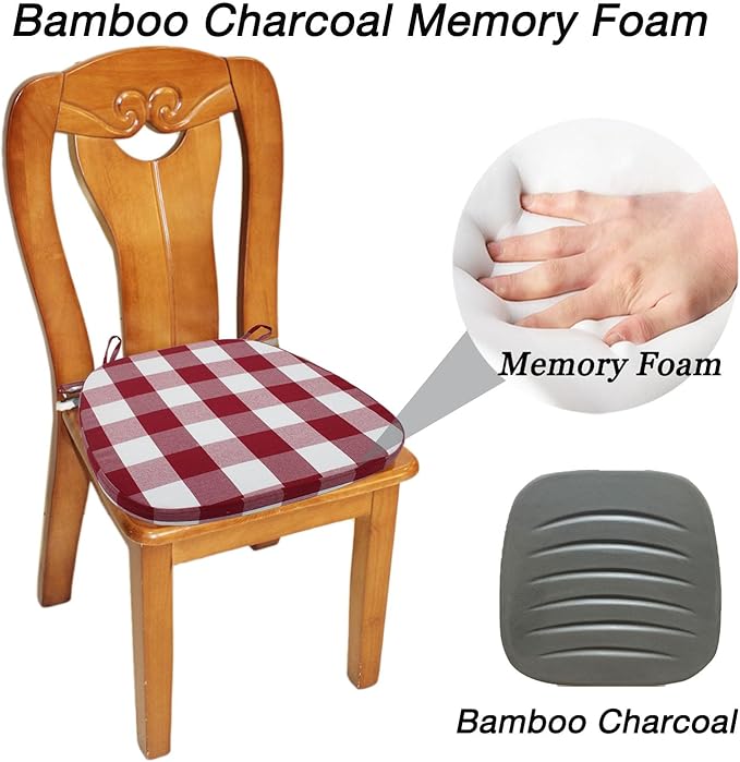 Plaid Chair Cushions with Ties for Dining Chairs - Memory Foam Non Slip Kitchen Chair Pad and Seat Cushion with Machine Washable Cover [16.5 x 16.2 Inches] - (Red White,1)