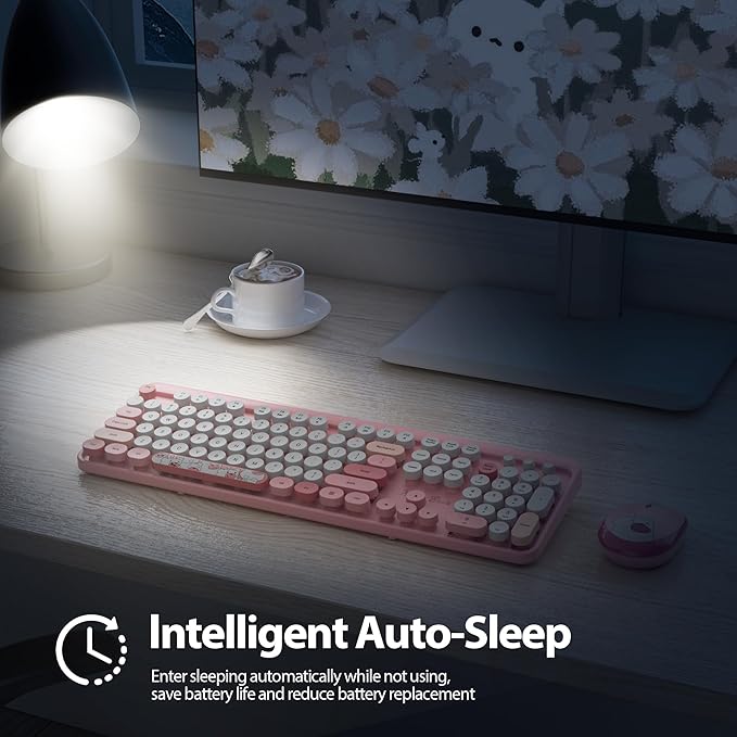 Fogruaden Wireless Keyboard and Mouse Combo, Pink Retro Typewriter Keyboard, 2.4GHz Full Size Round Keycap Cute Computer Keyboard with Number Pad, Pink Colorful Keyboard for Windows PC Laptop(Pink)