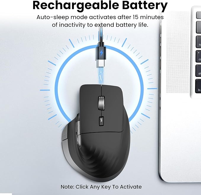 Wireless Bluetooth Mouse, Ergonomic Rechargeable Silent Mouse with Multi-Device, Adjustable DPI, Flying Scroll & Thumb Wheel, Bluetooth Mice for Laptop, Computer, Tablet, Smartphone (Black)