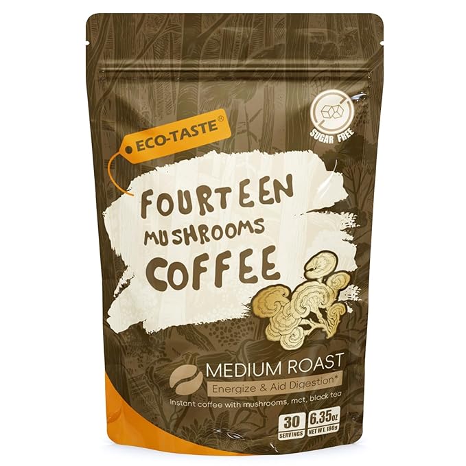 Mushrooms Coffee 14 in 1, Arabica Coffee with Lion's Mane, Reishi, Maitake, Turkey Tail, Chaga Fruiting Body Extract, MCT, Black Tea, 30% Beta-Glucan for Focus & Gut Health Support, 6.35oz