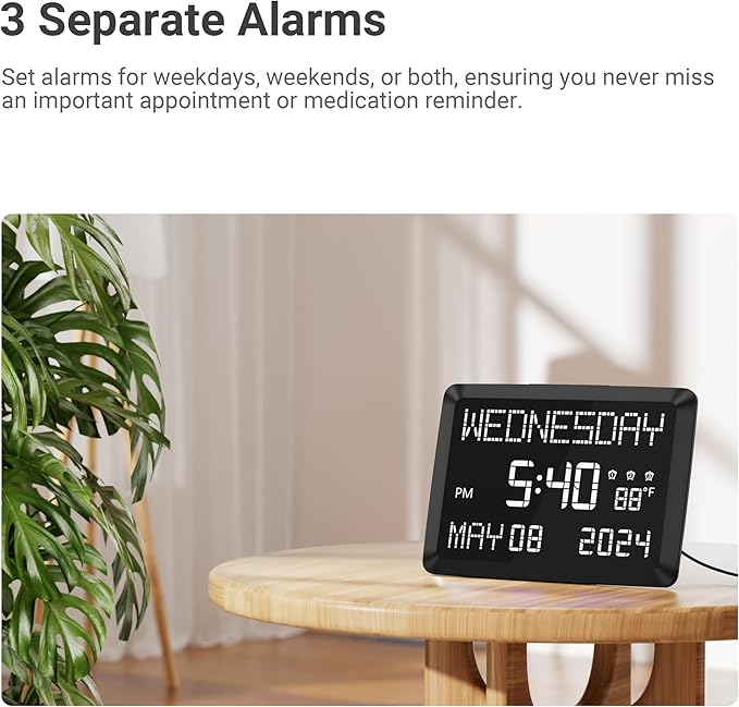 11.5” Digital Wall Clock with Date,Time,Week,Indoor Temperature,3 Alarms,5 Dimmer,2 USB Chargers,Battery Backup,Snooze,12/24H for Elderly,Parents,Impaired Vision,Dementia,Memory Loss,Office,Bedroom