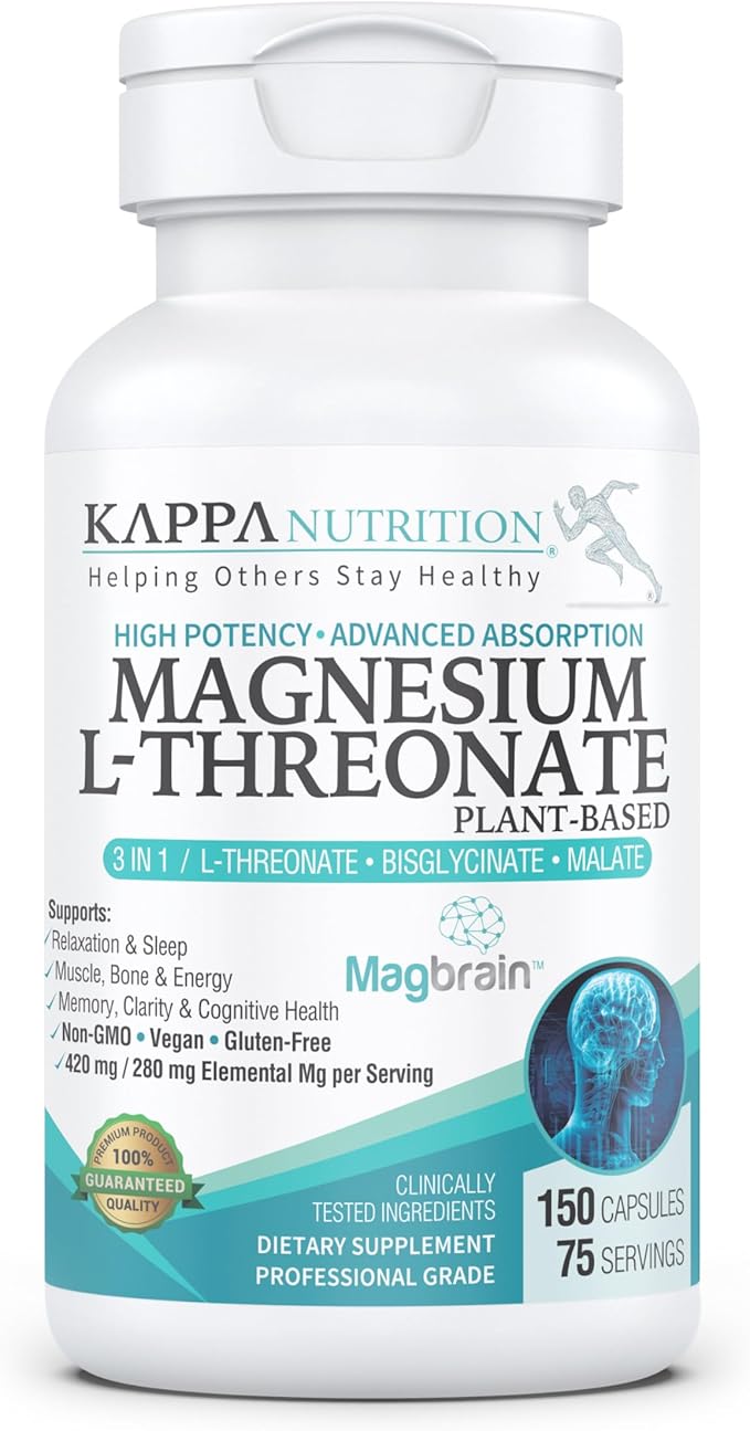 Kappa Nutrition Magbrain™ Magnesium L-Threonate Plant-Based, 420mg Elemental Magnesium (3 Capsules) from 2,253mg, 150 Vegan Capsules, Brain, Sleep & Muscle Support.