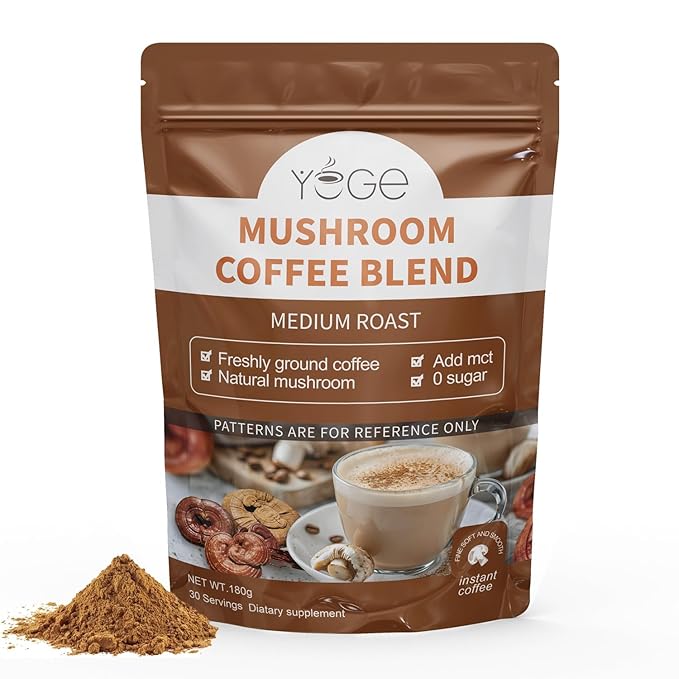 Mushroom Coffee, Organic 6 Mushrooms with Cordyceps, Reish, King Trumpet, Shitake, Turkey Tail, Lions Mane, Instant Coffee Powder for Energy,Focus, Digestion & Immune Support, 30 Servings