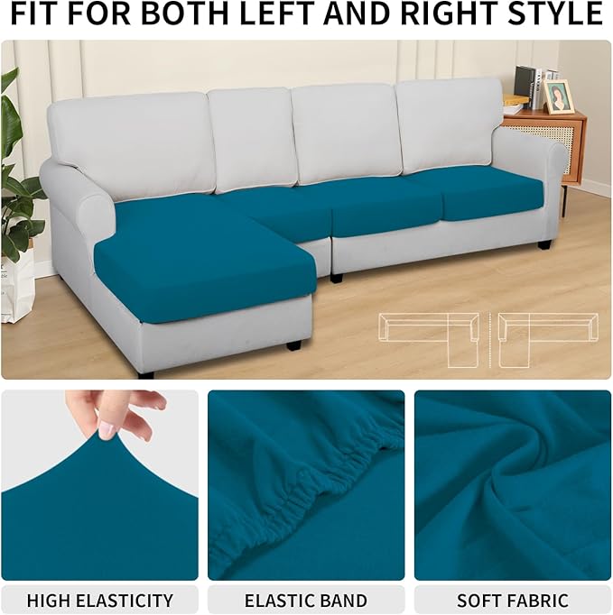 Easy-Going 100% Waterproof 4 Pieces Couch Cushion Covers for Sectional Sofa Left/Right L Shape Chaise Lounge Sofa Seat slipcover Anti-Slip Sofa Cover (3 Seater + 1 Chaise, Peacock Blue