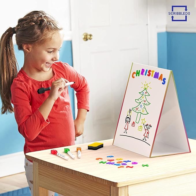 Scribbledo Table Top White Board Magnetic Easel for Kids Dry Erase Drawing Board Toddler Writing Tabletop Whiteboard with 6 Dry Erase Markers and 1 Eraser Included