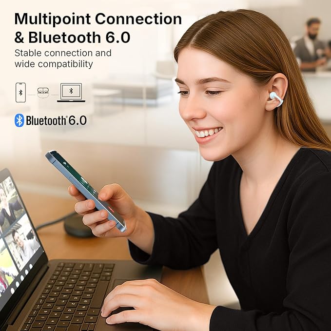 EarFun Clip Open Ear Earbuds, Wireless Clip On Headphones, Adaptive Comfort with Secure Fit, Bluetooth 6.0, LDAC, Hi-Res Audio, 2 Mics AI ENC Call, 40H Playtime, Earbuds for Sports, Running, White