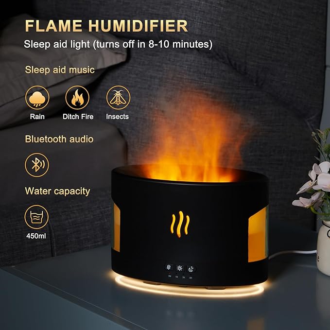 LOVME 450ML Flame Diffuser-Essential Oil Diffuser-Volcano Diffuser-with Remote Control, Bluetooth Speaker & White Noise Function, Flame humidifier fire Diffuser for Bedroom Home Office Yoga Gym