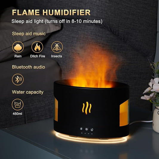 LOVME 450ML Flame Diffuser-Essential Oil Diffuser-Volcano Diffuser-with Remote Control, Bluetooth Speaker & White Noise Function, Flame humidifier fire Diffuser for Bedroom Home Office Yoga Gym