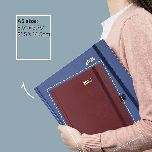 POPRUN 2026 Daily Planner One Page Per Day A5 Size Calendar (5.75" x 8.5") - 12 Months Hourly Appointment Book with Hardcover, Pocket, Pen Holder - Navy Blue