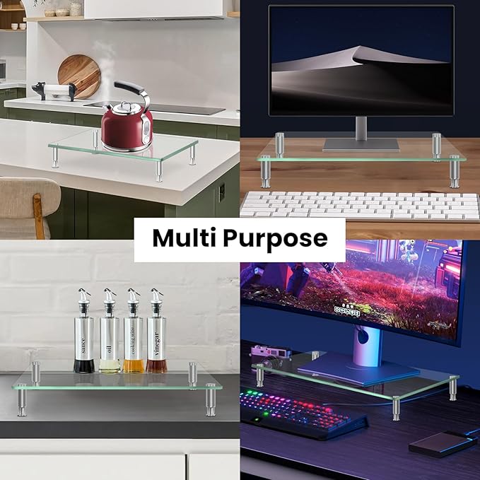 Tempered Glass Monitor Riser with Height Adjustable, Clear Computer Monitor Stand for Desk, Laptop TV, Desk Organization, 2Pcs, 15L x9.45W x3.75H Inches