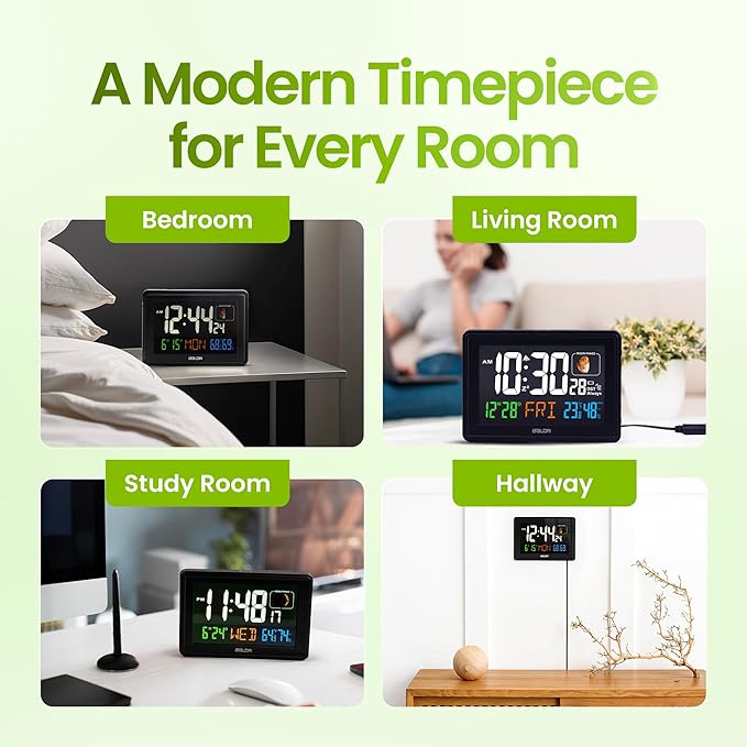 BALDR Atomic Clocks for Bedrooms Digital Large Display - Black - Desk Clock with Temperature Indoor and Humidity, Night Stand Clock, Moon Phase Clock, Alarm Clocks for Living Room, Digital Clock Wall