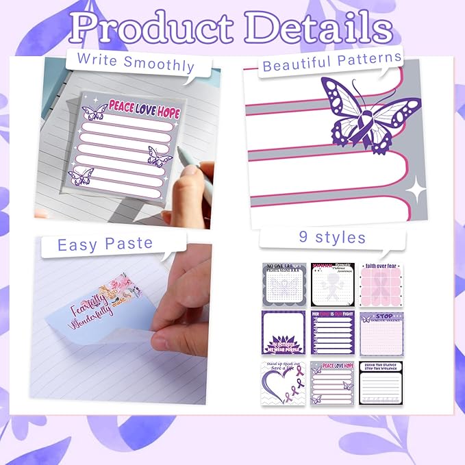 Domestic Violence Awareness Sticky Notes Gifts, 9 Pack Domestic Violence Prevention Month Notepads 3x3 Inch, Purple Ribbon Post Memo Pads Office School Supplies for Men Women (450 Sheets)