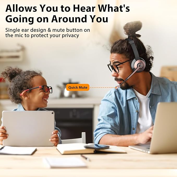 Wireless Headset with Mic for Work, Bluetooth Headset with Microphone Noise Cancelling & Mic Mute, Wireless Headphones with USB Dongle & Charging Base for Work/Home/Computer/Call Center/Office/Zoom