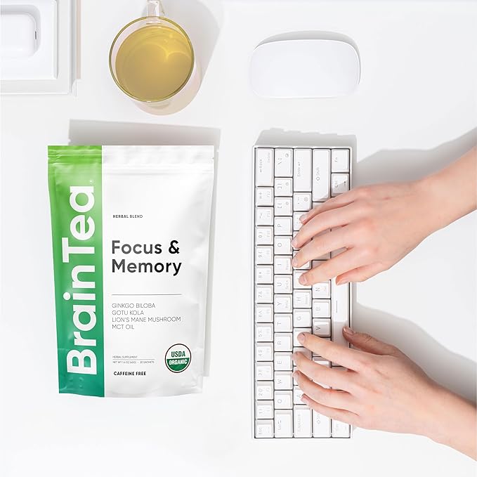 Brain Tea Focus & Memory - Organic Certified 4-in-1 Nootropic Brain Supplement with Ginkgo Biloba, Gotu Kola, Lion’s Mane Mushroom and MCT - Caffeine-Free Herbal Tea for Mental Clarity (30 Sachets)