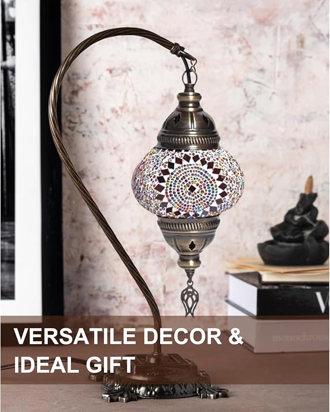 Kafthan Turkish Moroccan Mosaic Lamp – Handmade Glass Swan Neck Bedside Lamp with Antique Brass Base, Ideal Decor for Bedroom, Office, Living Room – Bulb Included (Multicolor Center Circle)