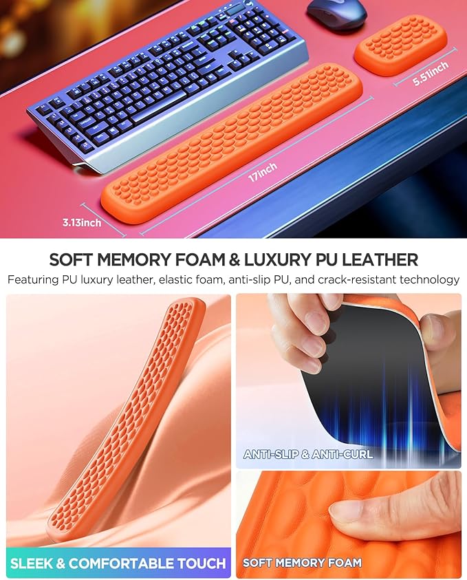 Lekvey Ergonomic Keyboard Wrist Rest, Waterproof PU Leather Wrist Pad with Memory Foam Massage Points, Durable Carpal Tunnel Support for Office/Gaming, Typing Pain Relief, Easy-Clean, Orange