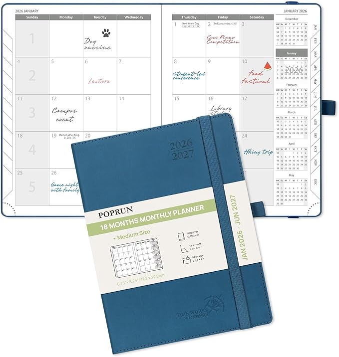 POPRUN Monthly Planner 2026-2027 (Medium- 6.5'' x 8.5'' Soft Cover), 18-Month Calendar Book (Jan.2026 - Jun. 2027), Calendar Planner with Monthly Tabs & Pocket, 100 GSM Paper - Night Sky Blue