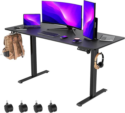 55 x 24 inch Electric Standing Desk Adjustable Height with 4 Wheels, 4 Memory Height Settings, 2 Headphone Hook, Home Office Desk, Splice Board Black