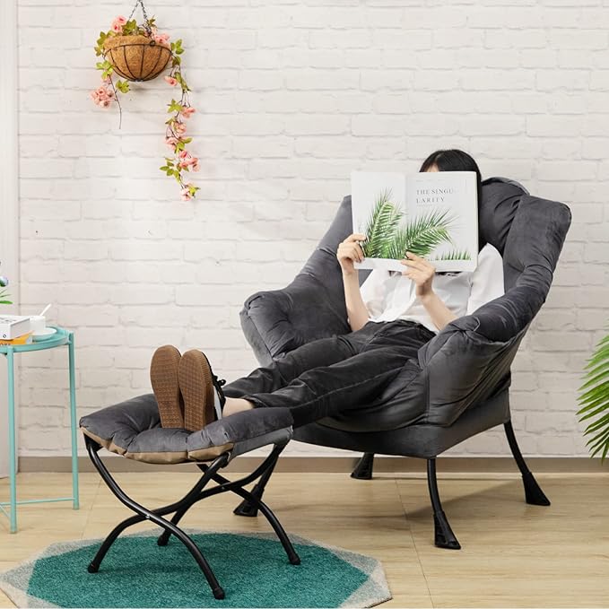 AbocoFur 15"(H) Folding Footrest Stool, Accent Padded Sofa Foot Stool for Lazy Chair, Upholstered Small Foldable Ottoman, Metal Frame Portable Foot Rest Ottoman for Living Room, Bedroom, Smoky Grey