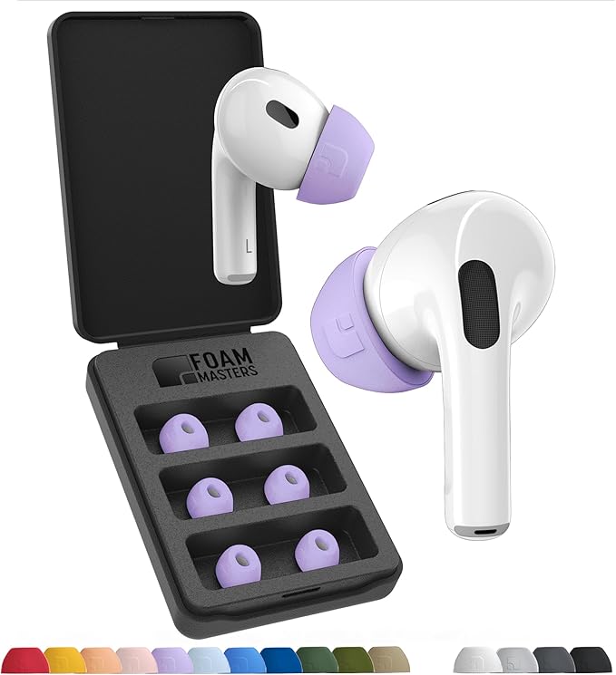 Foam Masters Ultra-Premium Memory Foam Ear Tips for AirPods Pro 1st & 2nd Gen | 3 Pairs | New Ver. | Secure Fit | Super Comfort | Better Noise Cancel | Replacement Buds (Medium, Lilac Purple)