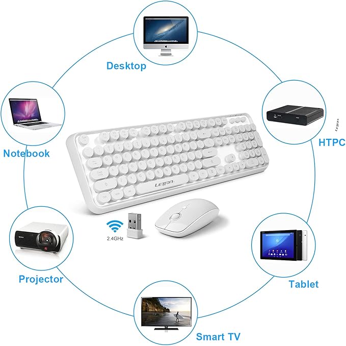 Wireless Keyboard Mouse Combo, 2.4GHz White Wireless Keyboard Typewriter, Letton Full Size Office Computer Retro Keyboard and Optical Cute Mouse with 3 DPI for Mac PC Desktop Laptop