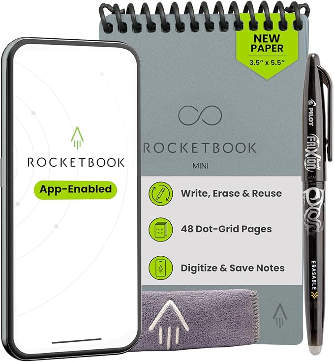 Rocketbook Mini Reusable Smart Notepad, Pocket Size Notebook 3.5x5.5, Gray - Dotted Pages, App-Connected, Erasable, Ideal for On-The-Go List Taking & Quick Notes Anywhere