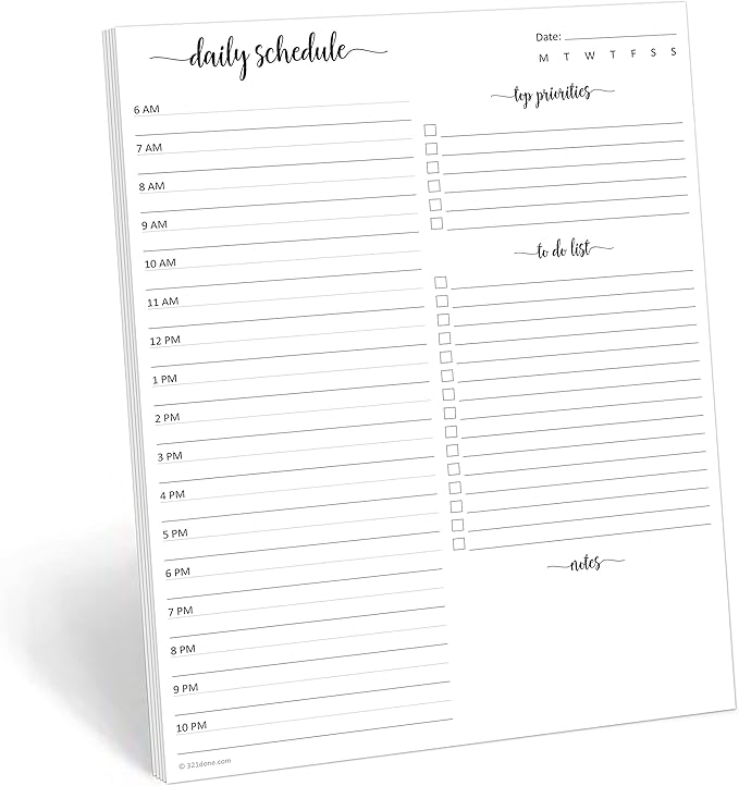 321Done Daily Schedule Planning Notepad - 50 Sheets (8.5x11) – Hourly Day Today To Do Checklist - Appointment Task Priority Planner - Tear-Off Note Pad for Home, Office, School - Made in USA