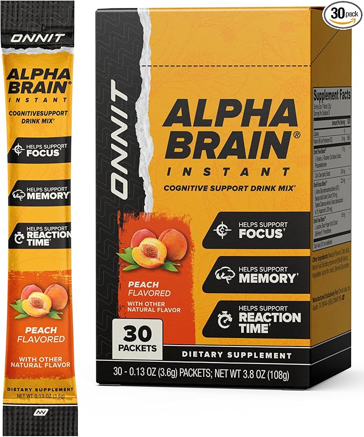 ONNIT Alpha Brain Instant Peach Flavor - Nootropic Brain Booster Memory Supplement - for Focus, Energy & Clarity - Alpha GPC Choline, Cats Claw, L-Theanine, Bacopa - 30ct