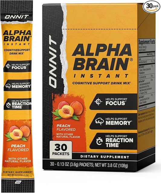 ONNIT Alpha Brain Instant Peach Flavor - Nootropic Brain Booster Memory Supplement - for Focus, Energy & Clarity - Alpha GPC Choline, Cats Claw, L-Theanine, Bacopa - 30ct