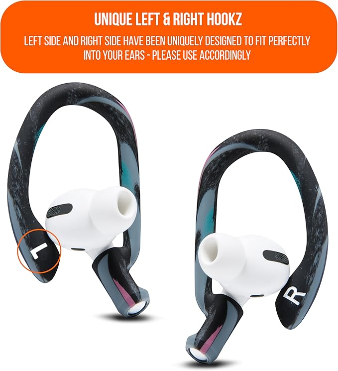 WC HookZ - Patented Upgraded Over Ear Hooks for AirPods Pro 1, 2 & AirPods 1, 2 & 3- Two Size Pairs Included in Package, Unique Left & Right Hook, Made by Wicked Cushions | 90's Black