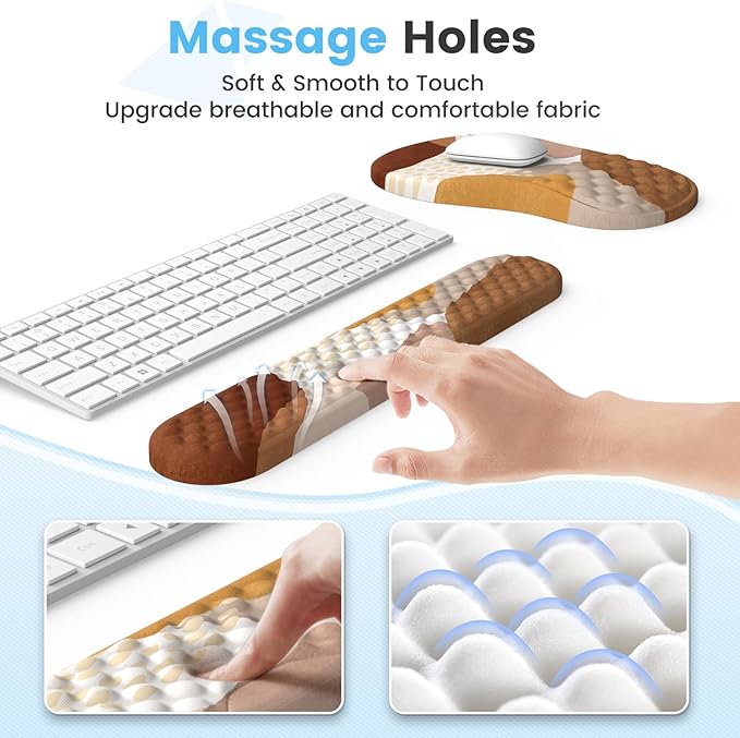 HAOCOO Ergonomic Mouse Pad with Wrist Support and Keyboard Pad Set, 3 PCS Computer Carpal Tunnel Mouse Pads for Desk with Coaster, Memory Foam Mousepad for Home Office, Brown Boho