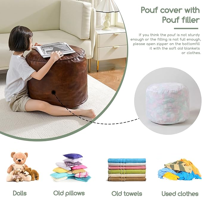 HIGOGOGO Round Stuffed Pouf Ottoman, Pu Leather Poufs with Foam Chunk Filling, Furry and Fluffy Pouf Foot Stool Storage Ottoman, 26 X 18 Floor Poufs Foot Rest for Living Room,Dark Brown