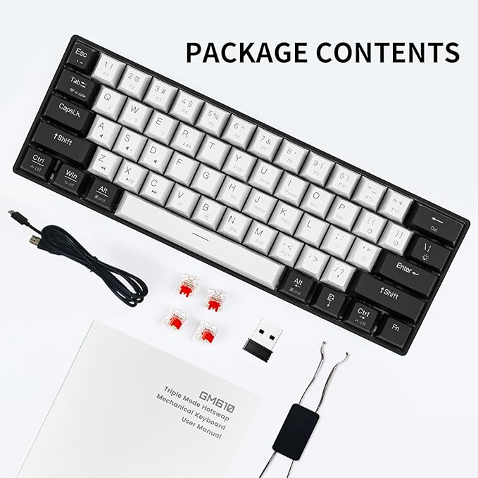 Newmen GM610 60% Wireless Mechanical Gaming Keyboard,Wired/Bluetooth/2.4G Keyboard,RGB Backlit,61 Anti-Ghosting Keys,Programmable,Hot-Swappable,for Windows Mac Android (Black-White/Red Switch)