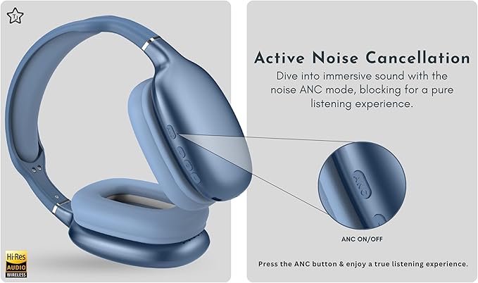 TJ Active Noise Cancelling Bluetooth Over Ear Headphones | Supersoft Leather Wireless Headset Wired Built-in MIC 24H Playtime High Res Audio Travel/Work/School/Students/Running/Gym (Blue)