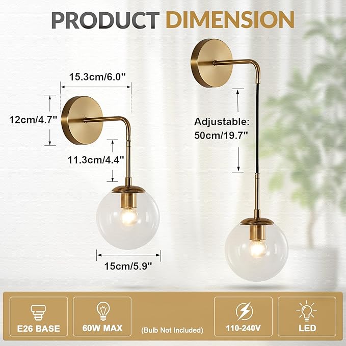 BOKT Mid Century Modern Globe Wall Sconce Lighting Brushed Brass Gold Bathroom Wall Lights Clear Bubble Glass Ball Wall Light Fixture Lamp Bedroom Bedside Wall Light (Gold+Clear)