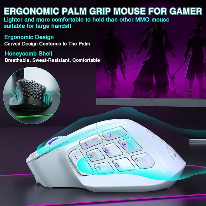 SM809 Pro Wireless MMO Gaming Mouse with 9 Side Buttons,24000 DPI,Triple Connectivity (2.4G/BT/Wired) RGB MMO Mouse for Gamer,16 Programmable Macros,Up to 350H Battery Life,White