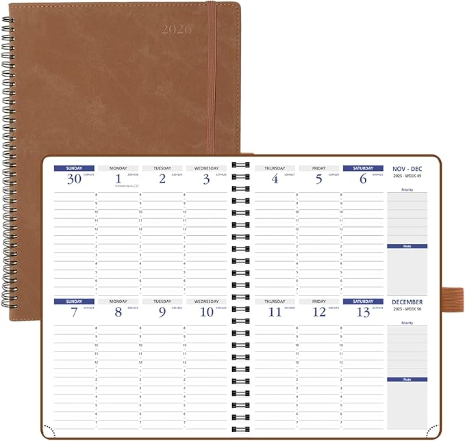 POPRUN 2026 Weekly Planner (A4-8.25'' x 11.75''), Quarter-Hourly Appointment Book (Jan. 2026 to Dec. 2026) with Monthly Tabs, Spiral Softcover, 2 Inner Pockets, Pen Holder - Brown