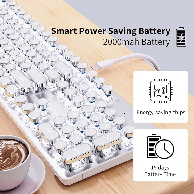 EWEADN TK950 Typewriter Keyboard Wireless Mechanical Keyboard, 104 Keys Aesthetic Typewriter Keyboards with White Backlit, Anti-Ghosting, Blue Switch Bluetooth/2.4GHz/Wired Keyboards-White