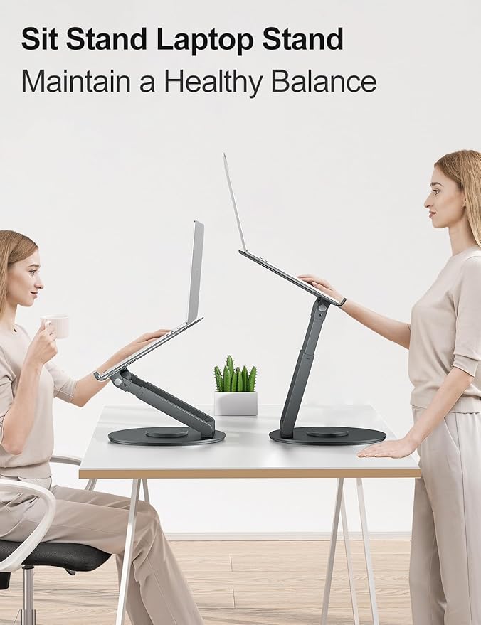 tounee Telescopic Laptop Stand for Desk with 360° Swivel Base, Sit to Stand, Height Adjustable, Portable Riser Holder for Good Posture, Compatible with MacBook Pro, All Laptops 10-17"-Gray