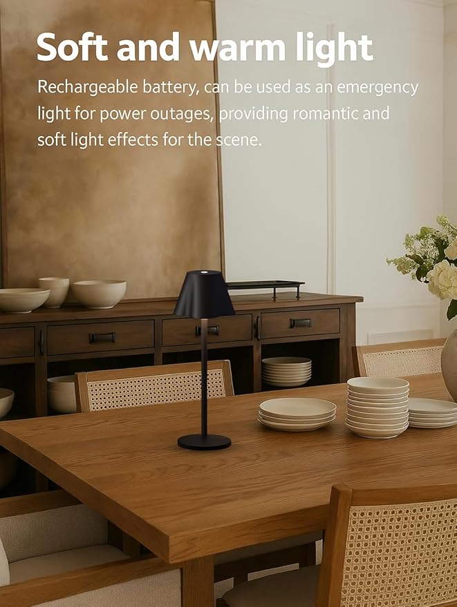 La Luz 13 inch Aluminum Cordless Table Lamps 5200 mAh Battery Operated, 3-Way Dimmable USB-C Port Rechargeable 3.5W Touch Light LED Lamp for Bedroom/Patio/Reading/Desk Black