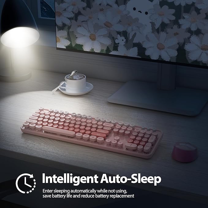 Fogruaden Pink Retro Typewriter Keyboard and Mouse Wireless, 2.4GHz Office Full-Sized Colorful Computer Keyboard with Number Pad and Cute Mouse for Windows PC Desktops Laptop