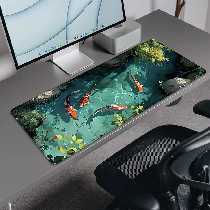 Japanese Koi Carp Fish Desk Pad Mouse Pad,Large Gaming Mouse Mat with Stitched Edges,Non-Slip Rubber Base Mous Mat for Office,Computer,Keyboard,Laptop and Home Desk Pad(27.5X11.8 in)