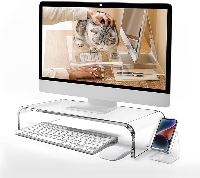 Premium Acrylic Monitor Stand – Extra-Wide 20" L x 10" W x 4" H Clear Computer Riser, Laptop Stand, Sleek Desktop Organizer for Office & Home, TV, Printer, with Bonus Acrylic Phone Stand