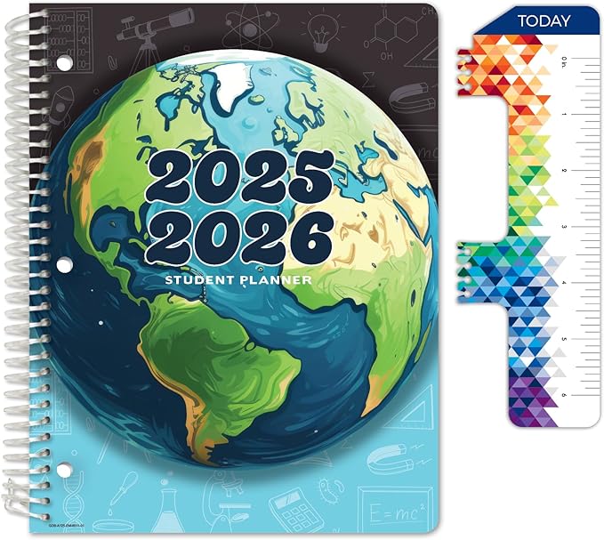 Global Datebooks 2025-2026 Elementary Student Planner 8.5x11 - Dated Weekly & Monthly Academic Planner (Large) with Ruler/Bookmark & Stickers, Ideal for Homework, Matrix Style, Earth
