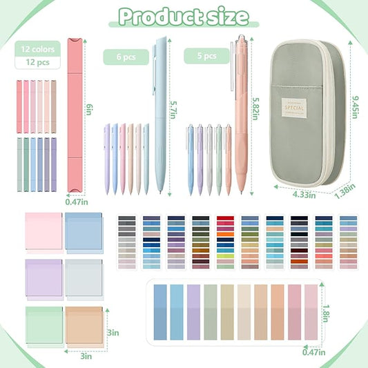 135 Pcs Book Annotation Kit Aesthetic Pencil Case Bag with 12 Highlighter 11 Gel Pen 1 Marker 300 Sheets Transparent Sticky Notes Pads 2640 Index Tabs Bible Study Supplies for School Gift(Light Green)