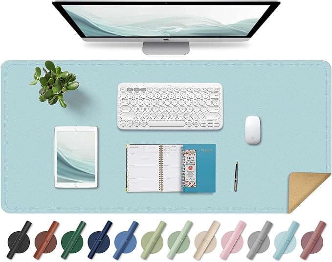 Large Desk Pad 35.4" x 17", Non-Slip Desk Mat with PU Leather & Natural Cork, Waterproof Writing Desk Natural Cork, Computer Mat Desk Protector for Office Home, Light Blue