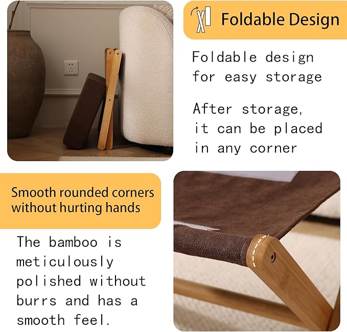 Folding Footrest Stool, Small Accent Ottoman with Thick Cotton Cushion & Bamboo X Legs, Modern Padded Sofa Stool for Makeup Bedroom Living Room (Brown)