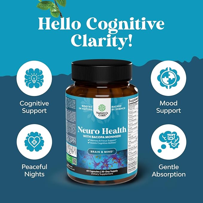 Nootropic Brain Supplement for Memory and Focus Support - Vitamins for Mental Support & Clarity with Bacopa Monnieri, VIT A, B6, Riboflavin, Niacin, Thiamin & Folate - Cognitive Complex - 60 Ct