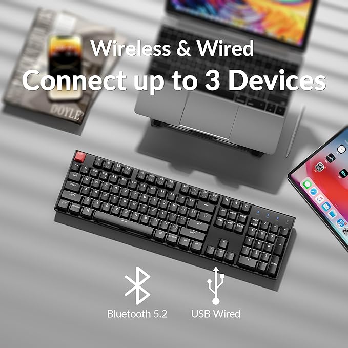 Keychron K10 Full Size Layout White LED Backlit Hot-Swappable Mechanical Keyboard for Mac Windows, 104-Key Bluetooth Wireless/USB Wired Computer Keyboard with Keychron Super Red Switch(Version 2)